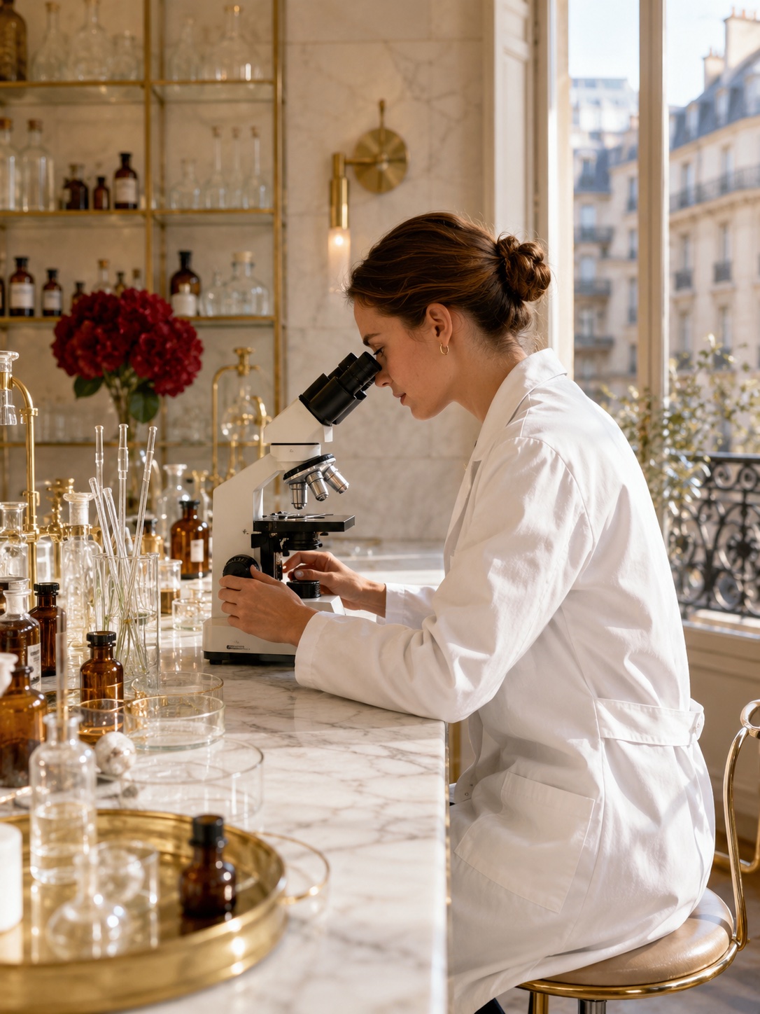 Chercheuse au microscope — laboratoire parisien