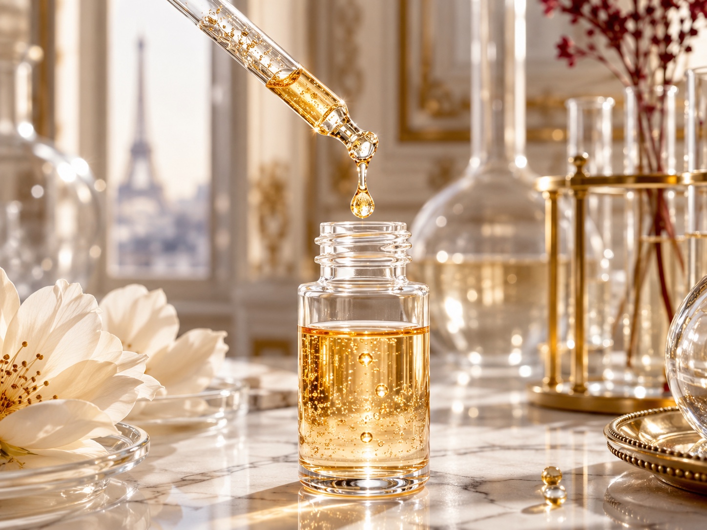 Goutte de sérum doré déposée à la pipette — laboratoire parisien