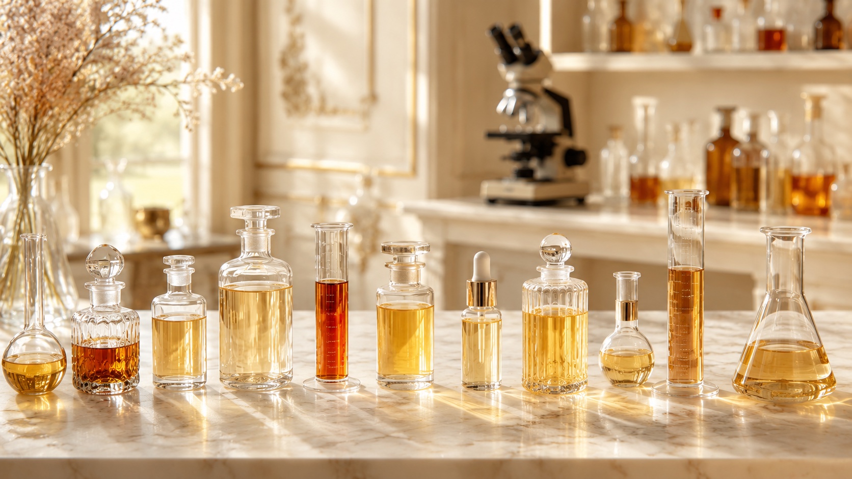 Rangée de flacons et d'actifs ambrés — laboratoire parisien