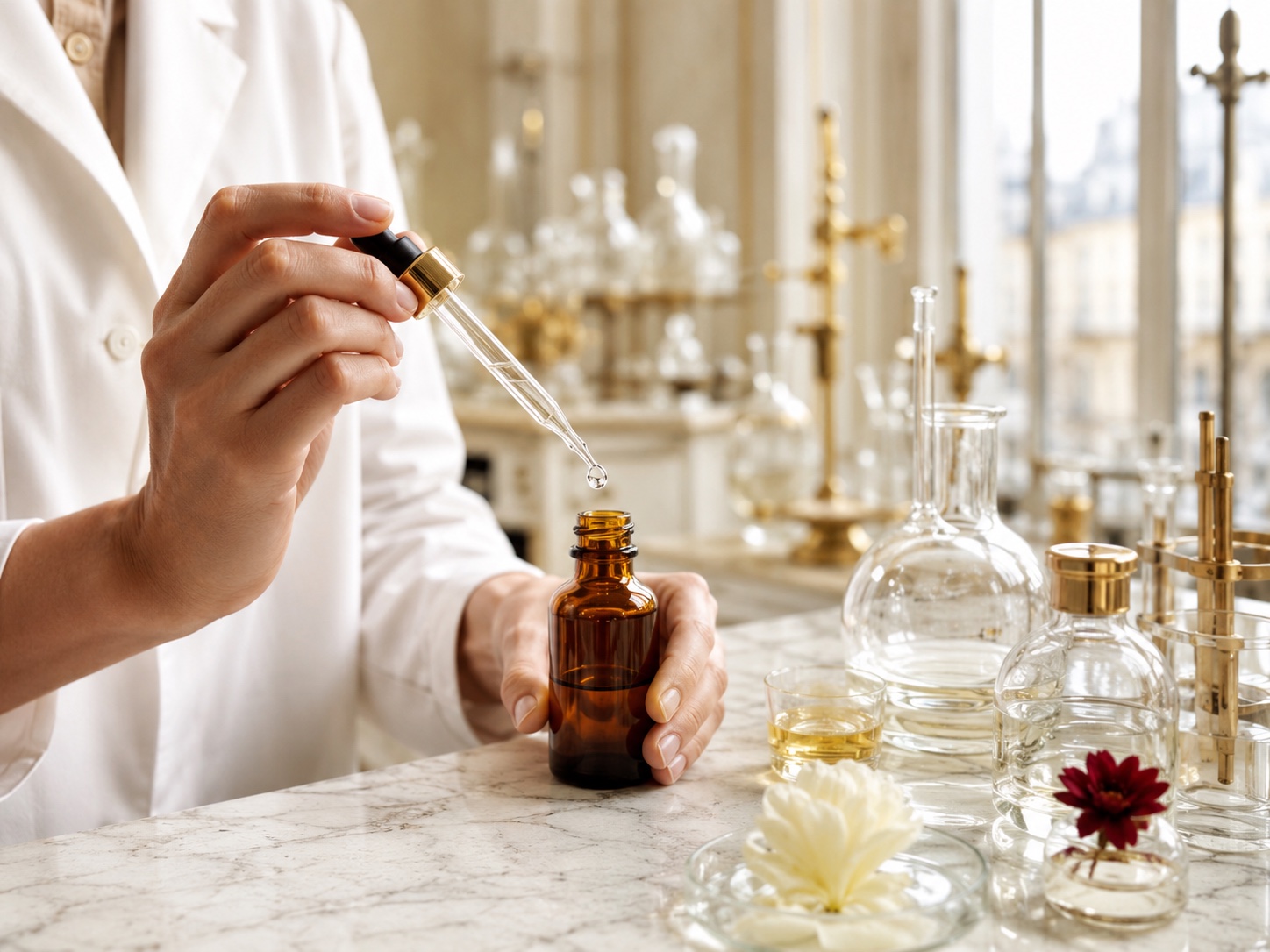 Mains de scientifique avec pipette et flacon ambré