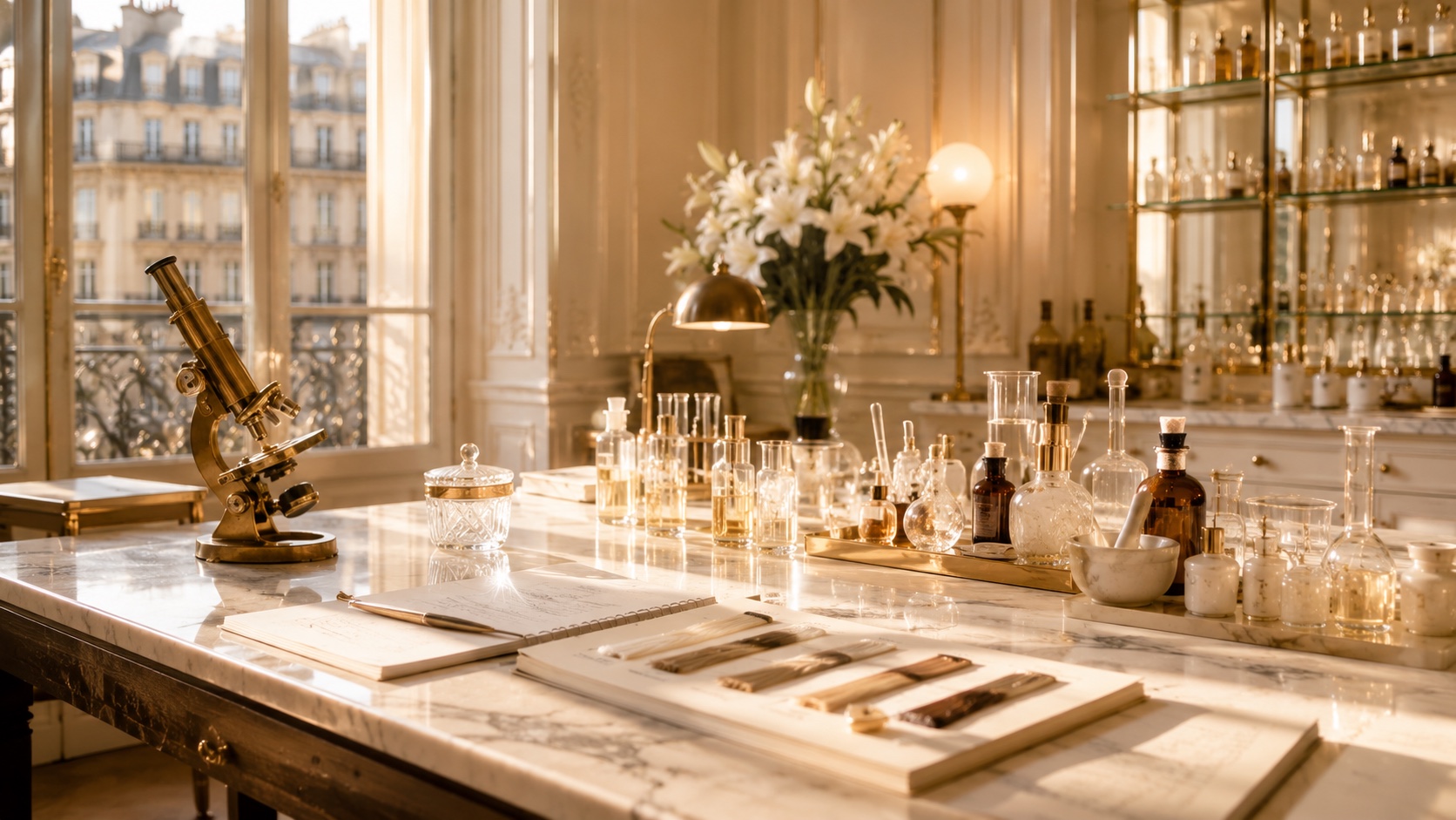 Bureau-laboratoire parisien — microscope et échantillons